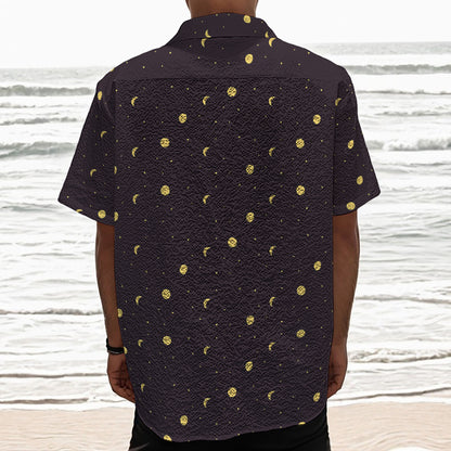 Moon Phase And Stars Pattern Print Textured Short Sleeve Shirt