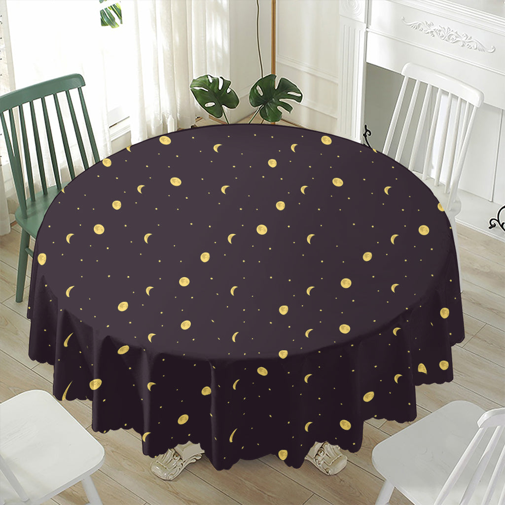 Moon Phase And Stars Pattern Print Waterproof Round Tablecloth