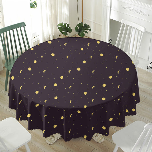 Moon Phase And Stars Pattern Print Waterproof Round Tablecloth