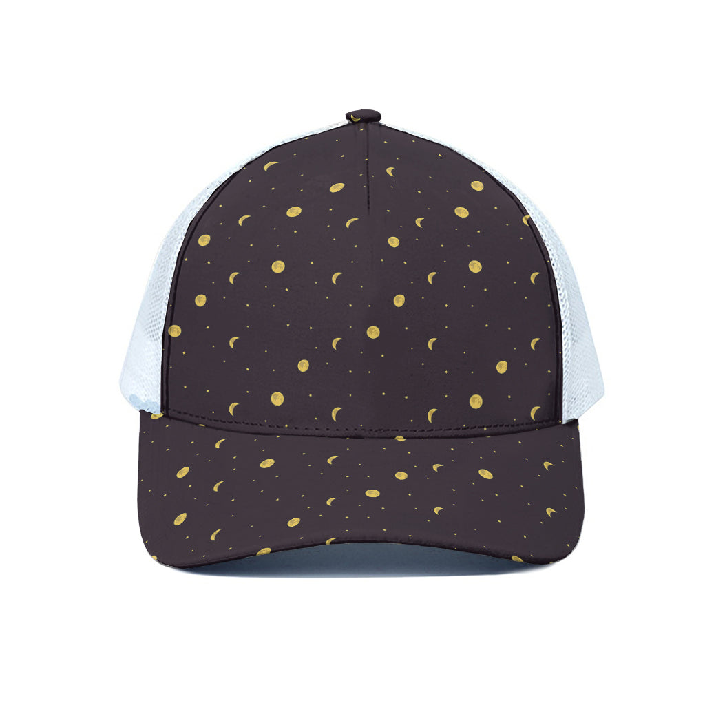 Moon Phase And Stars Pattern Print White Mesh Trucker Cap