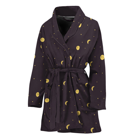 Moon Phase And Stars Pattern Print Women's Bathrobe
