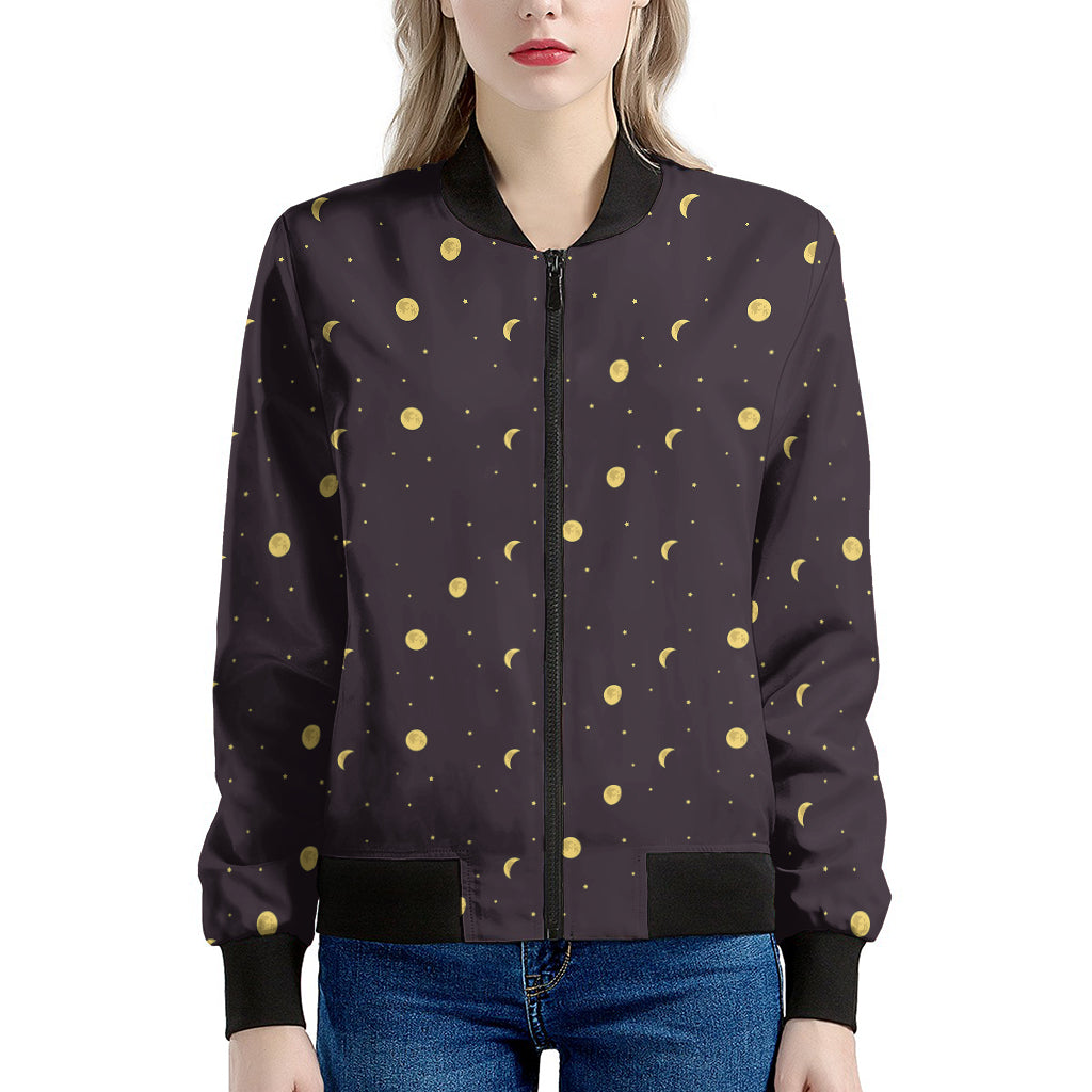 Moon Phase And Stars Pattern Print Women's Bomber Jacket
