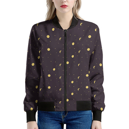 Moon Phase And Stars Pattern Print Women's Bomber Jacket