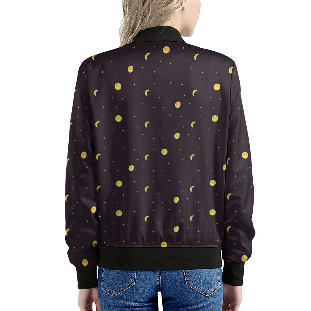 Moon Phase And Stars Pattern Print Women's Bomber Jacket