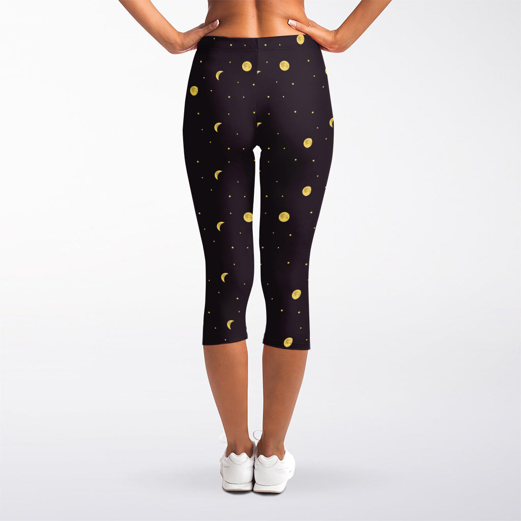 Moon Phase And Stars Pattern Print Women's Capri Leggings