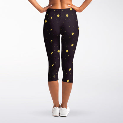 Moon Phase And Stars Pattern Print Women's Capri Leggings