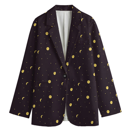 Moon Phase And Stars Pattern Print Women's Cotton Blazer