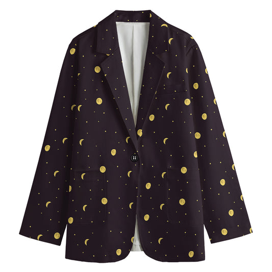 Moon Phase And Stars Pattern Print Women's Cotton Blazer