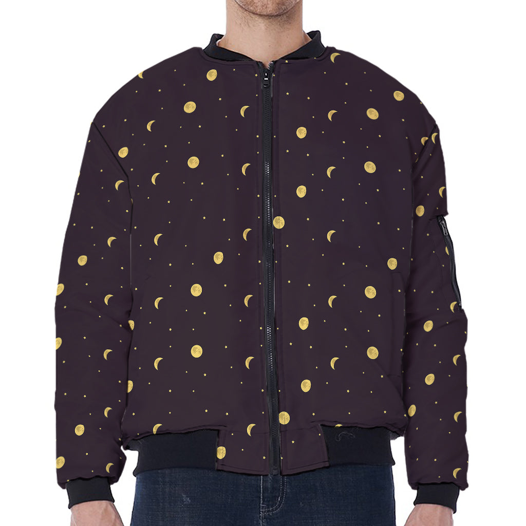 Moon Phase And Stars Pattern Print Zip Sleeve Bomber Jacket