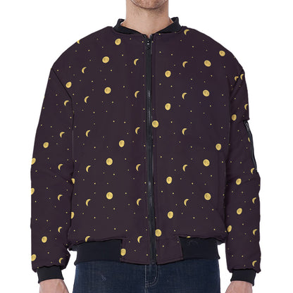 Moon Phase And Stars Pattern Print Zip Sleeve Bomber Jacket