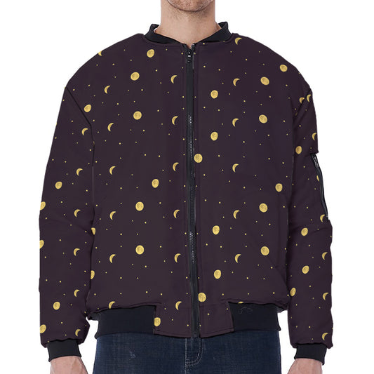 Moon Phase And Stars Pattern Print Zip Sleeve Bomber Jacket