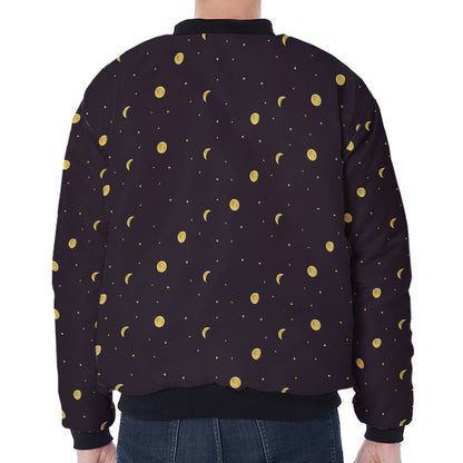 Moon Phase And Stars Pattern Print Zip Sleeve Bomber Jacket