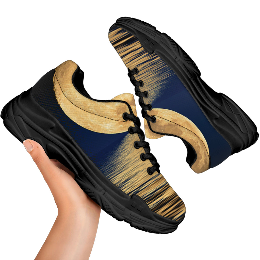 Moonlight On The Sea Print Black Chunky Shoes