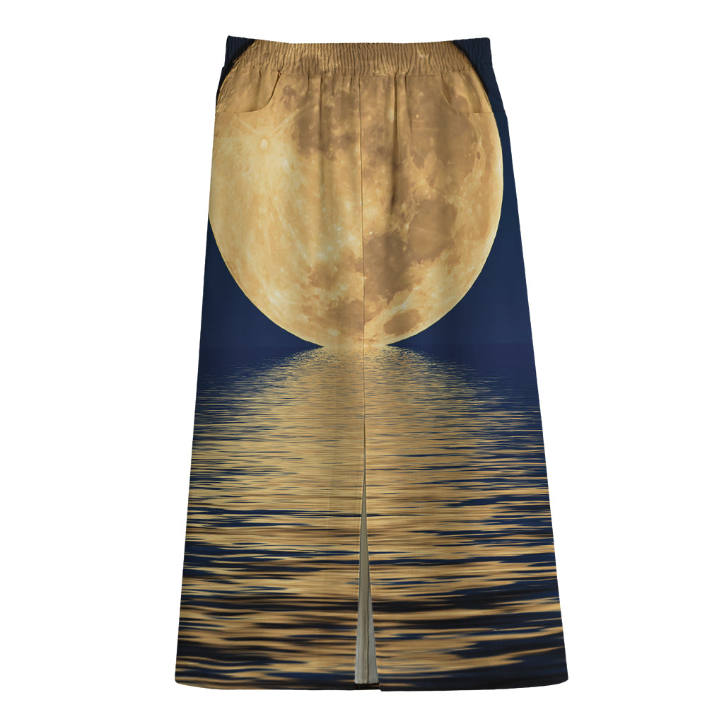 Moonlight On The Sea Print Cotton Front Slit Maxi Skirt