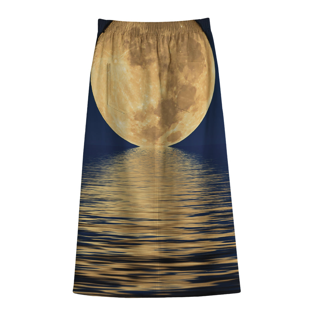 Moonlight On The Sea Print Cotton Front Slit Maxi Skirt
