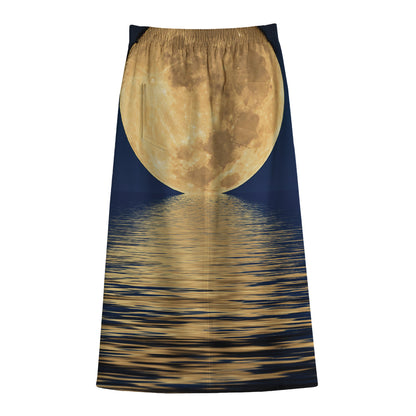 Moonlight On The Sea Print Cotton Front Slit Maxi Skirt