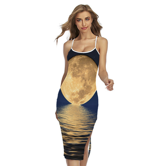 Moonlight On The Sea Print Cross Back Cami Dress