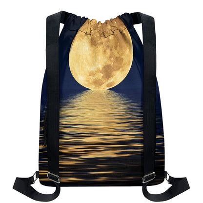 Moonlight On The Sea Print Drawstring Backpack