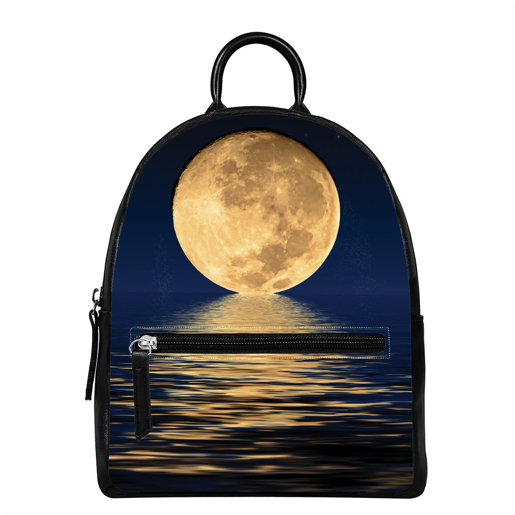 Moonlight On The Sea Print Leather Backpack