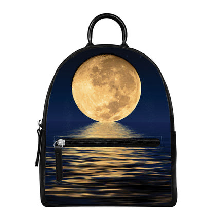 Moonlight On The Sea Print Leather Backpack