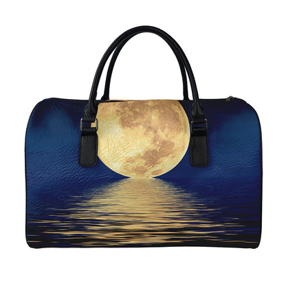 Moonlight On The Sea Print Leather Duffle Bag