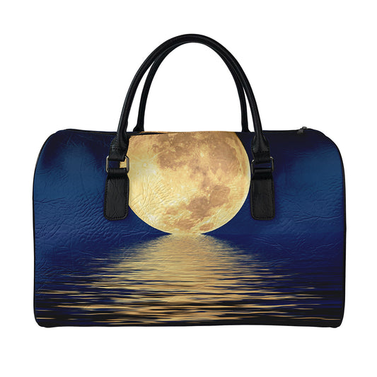 Moonlight On The Sea Print Leather Duffle Bag