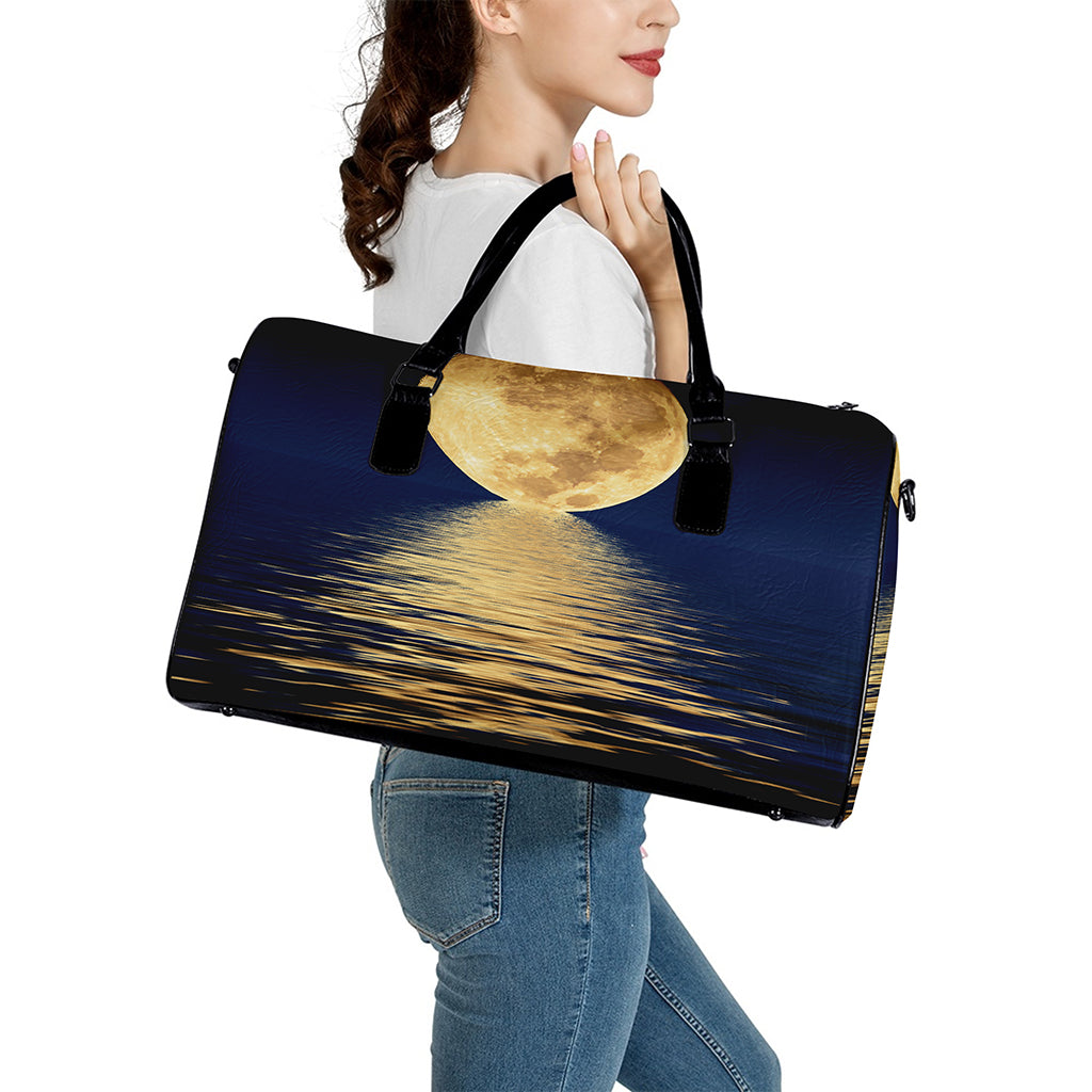 Moonlight On The Sea Print Leather Duffle Bag