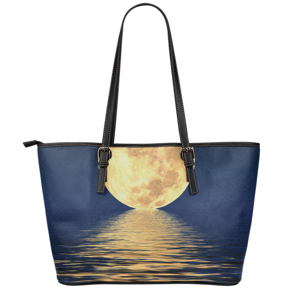 Moonlight On The Sea Print Leather Tote Bag