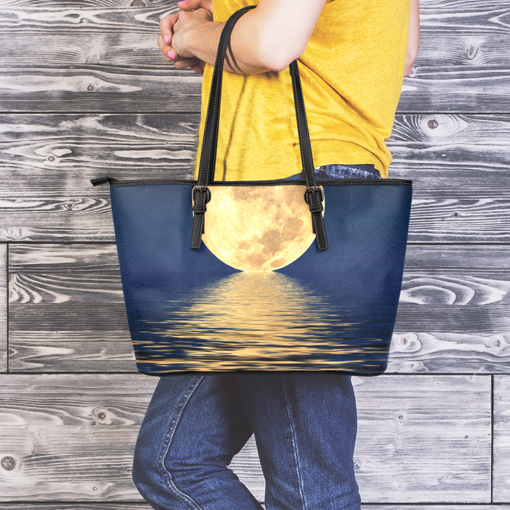 Moonlight On The Sea Print Leather Tote Bag