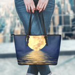 Moonlight On The Sea Print Leather Tote Bag
