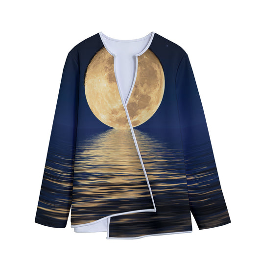 Moonlight On The Sea Print Long Sleeve Short Coat