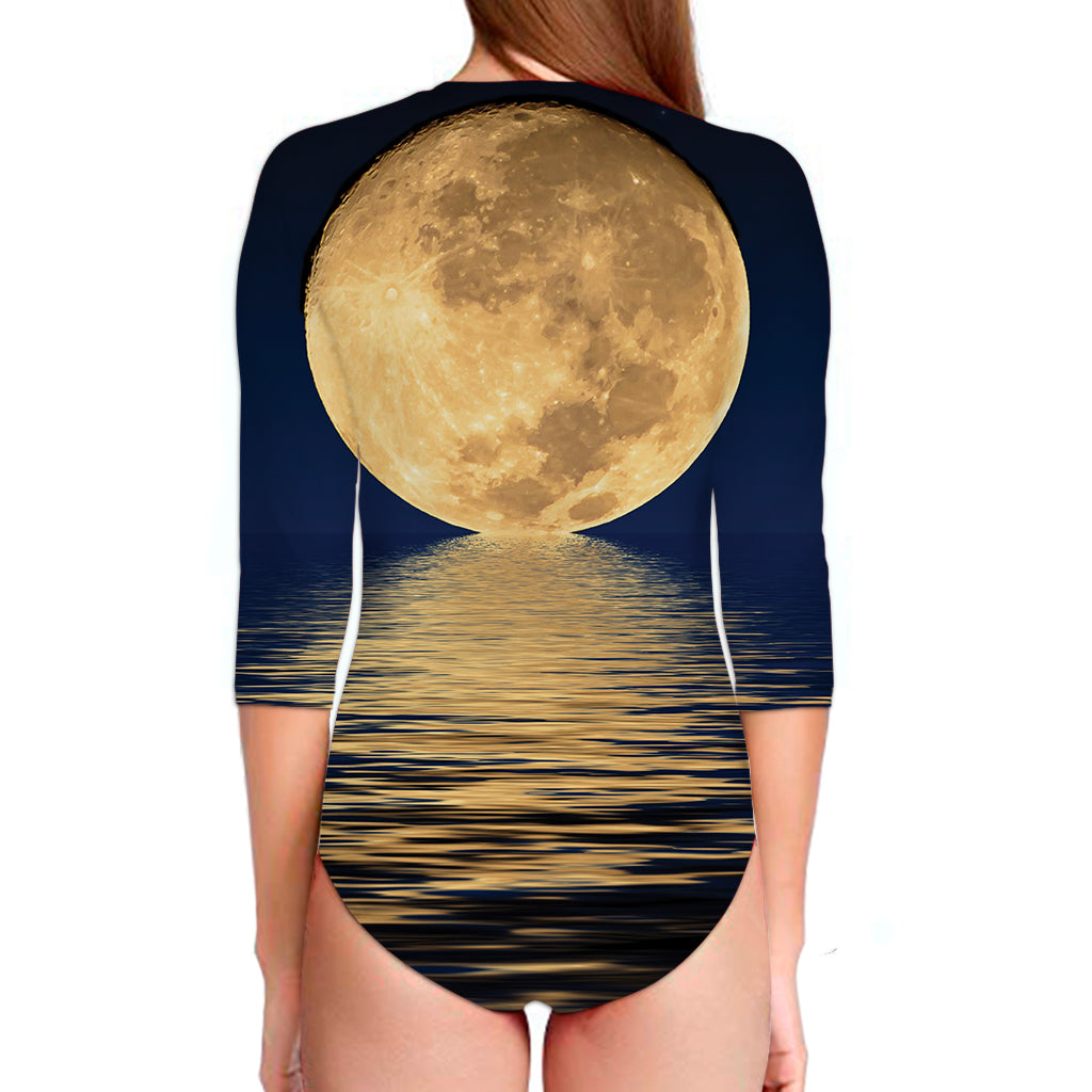 Moonlight On The Sea Print Long Sleeve Swimsuit