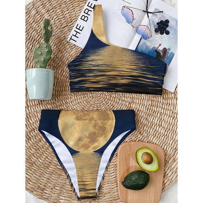 Moonlight On The Sea Print One Shoulder Bikini Top