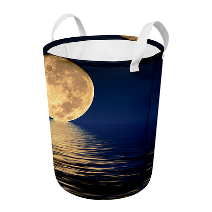 Moonlight On The Sea Print Round Laundry Basket