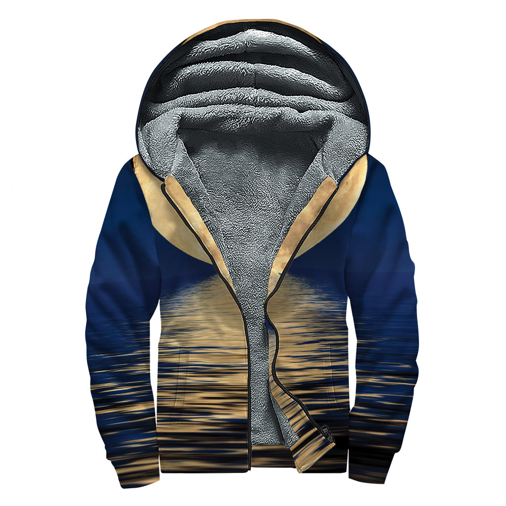 Moonlight On The Sea Print Sherpa Lined Zip Up Hoodie