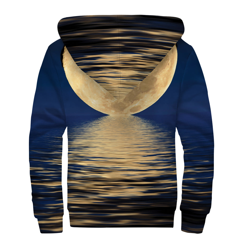 Moonlight On The Sea Print Sherpa Lined Zip Up Hoodie