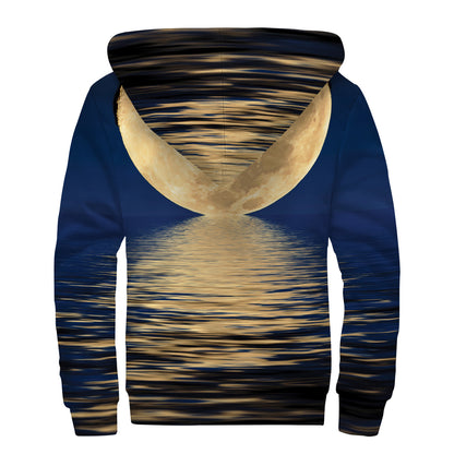 Moonlight On The Sea Print Sherpa Lined Zip Up Hoodie