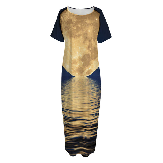 Moonlight On The Sea Print Short Sleeve Long Nightdress