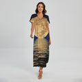 Moonlight On The Sea Print Short Sleeve Maxi Dress