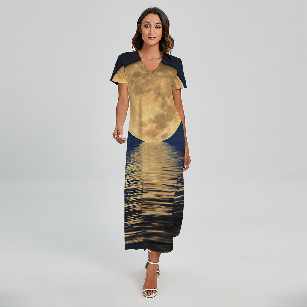Moonlight On The Sea Print Short Sleeve Maxi Dress