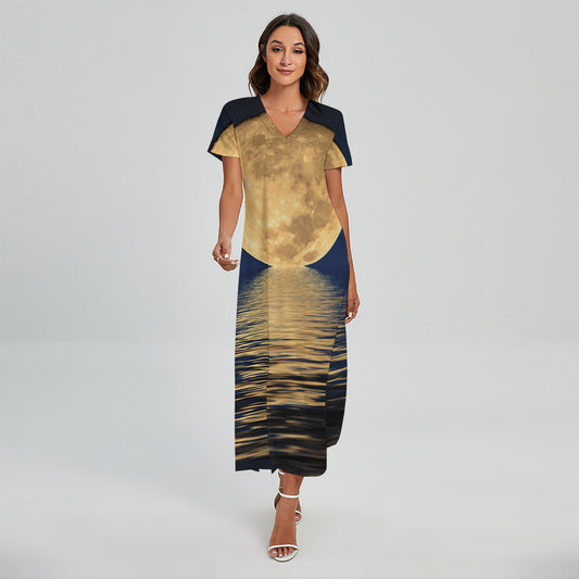 Moonlight On The Sea Print Short Sleeve Maxi Dress