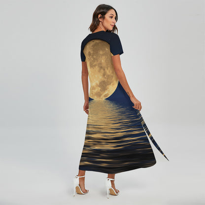 Moonlight On The Sea Print Short Sleeve Maxi Dress