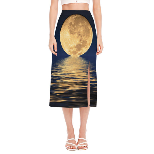 Moonlight On The Sea Print Side Slit Midi Skirt