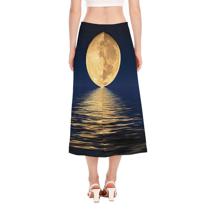 Moonlight On The Sea Print Side Slit Midi Skirt