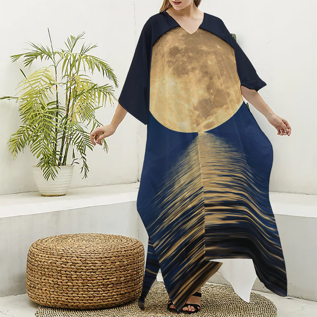 Moonlight On The Sea Print Silk V-Neck Kaftan Dress
