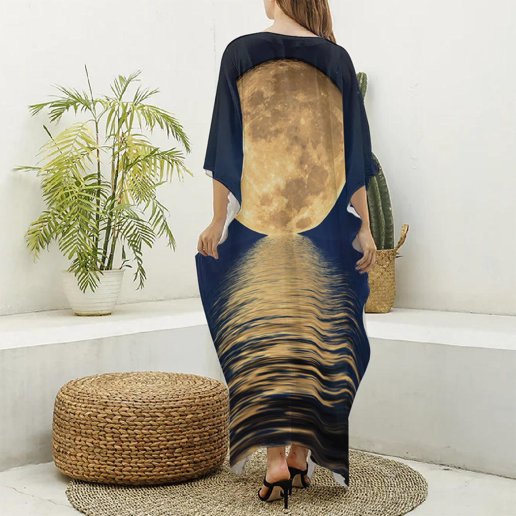 Moonlight On The Sea Print Silk V-Neck Kaftan Dress