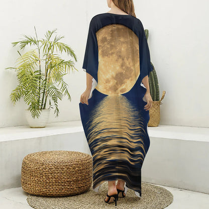 Moonlight On The Sea Print Silk V-Neck Kaftan Dress