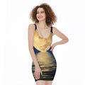 Moonlight On The Sea Print Sleeveless Bodycon Dress