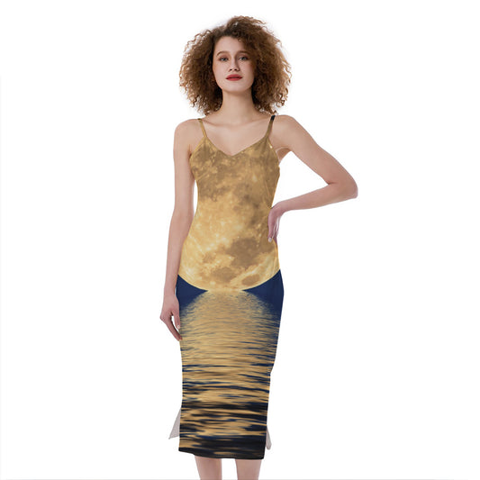Moonlight On The Sea Print Slim Fit Midi Cami Dress