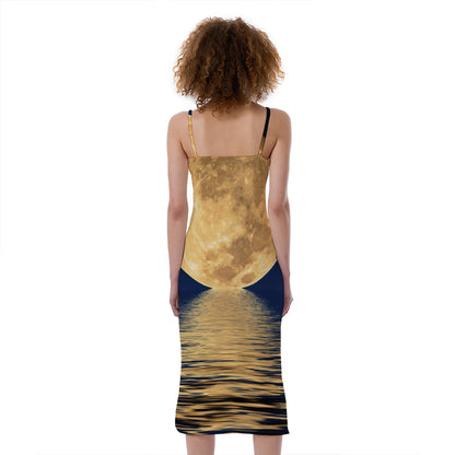Moonlight On The Sea Print Slim Fit Midi Cami Dress